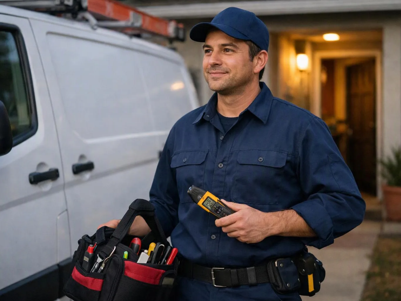 A smiling handyman in blue work clothes holds a tool bag and a yellow tester beside a white van at a house entrance