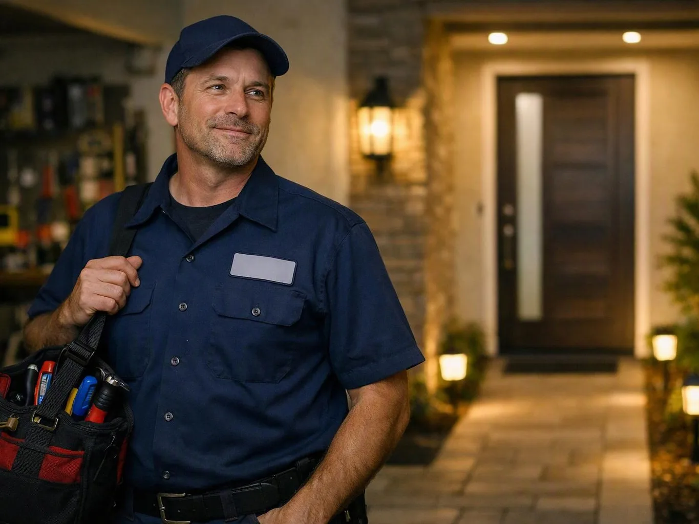 A smiling technician in a navy uniform carries a tool bag outside a house at dusk