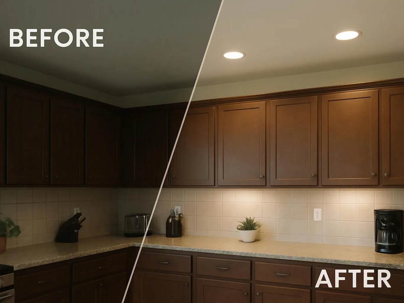 A split before-and-after kitchen shows dark cabinets on the left and brighter cabinets with lit counters on the right