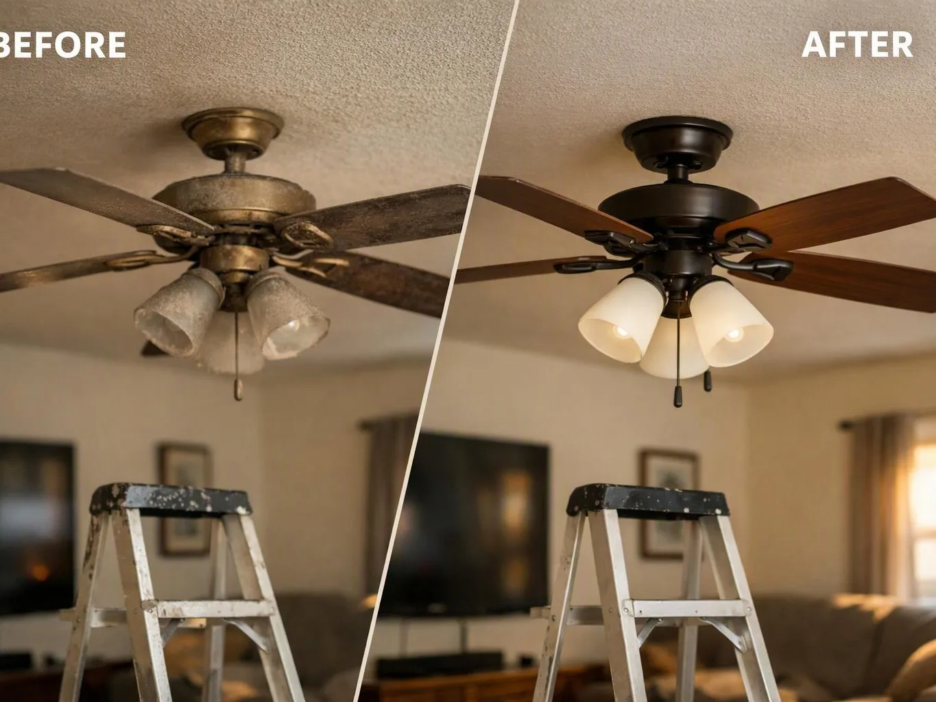 A split before-and-after shows a ceiling fan light replaced while a ladder stands below in a living room