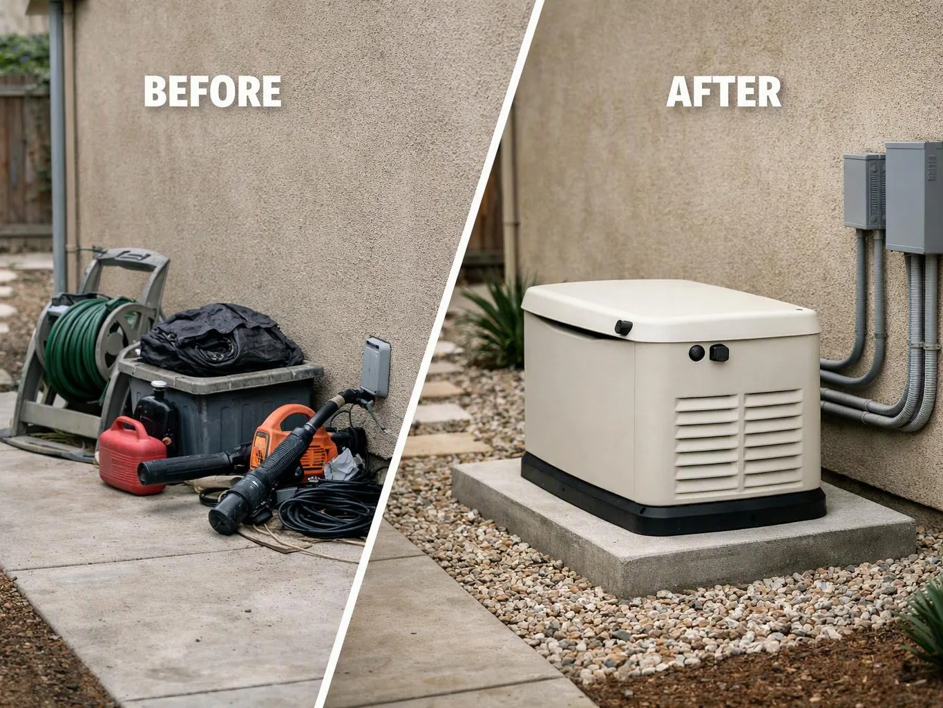 Split before and after view shows a messy yard wall area transformed into a neat generator pad with pipes and gravel