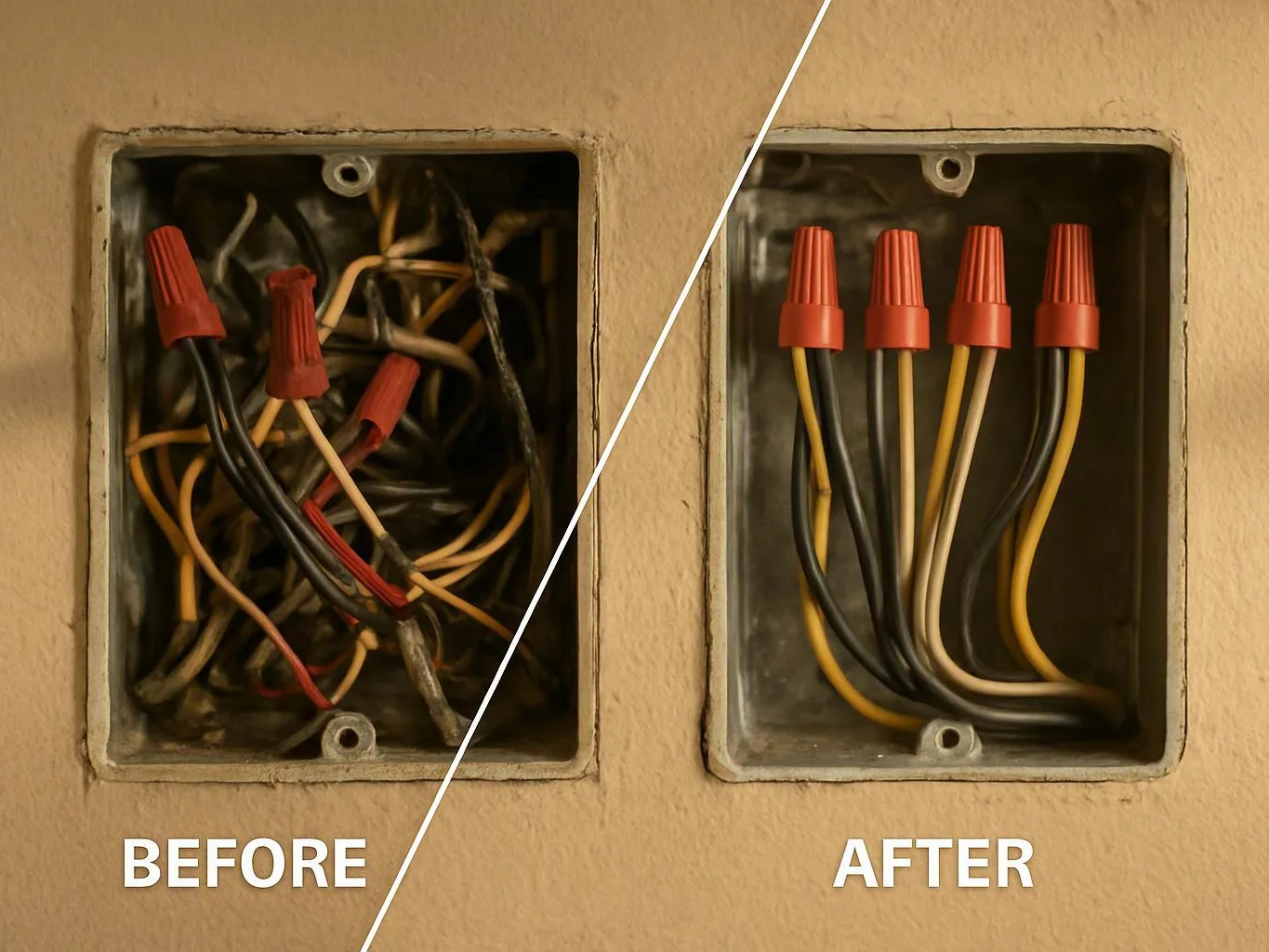 Split image of an electrical junction box, tangled wires on the left and neatly capped wires on the right