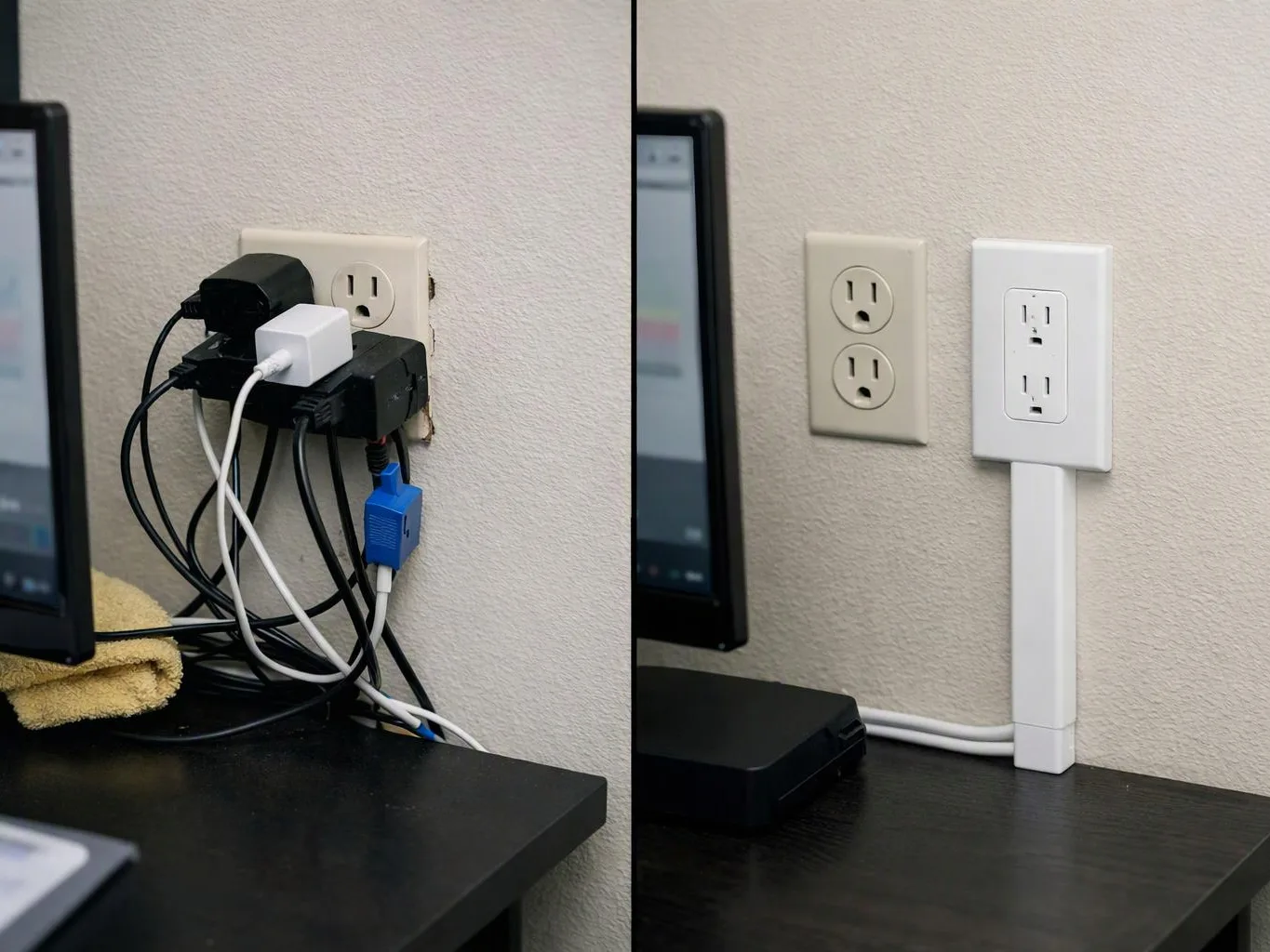A split image shows a cluttered wall outlet with tangled cords beside a neat outlet cover with hidden cables