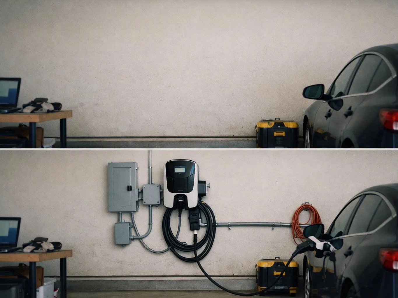 A split image shows a garage wall, then a mounted EV charger and a car plugged in with cables and tools nearby