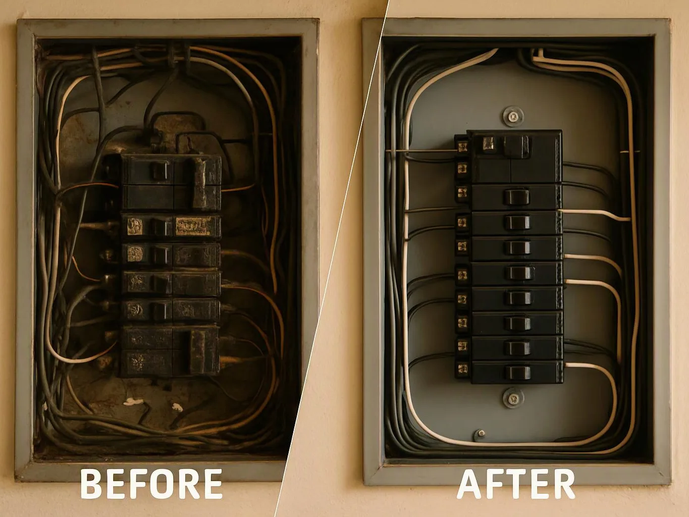 A split image shows a messy electrical breaker panel before and a neatly wired panel after inside a wall opening