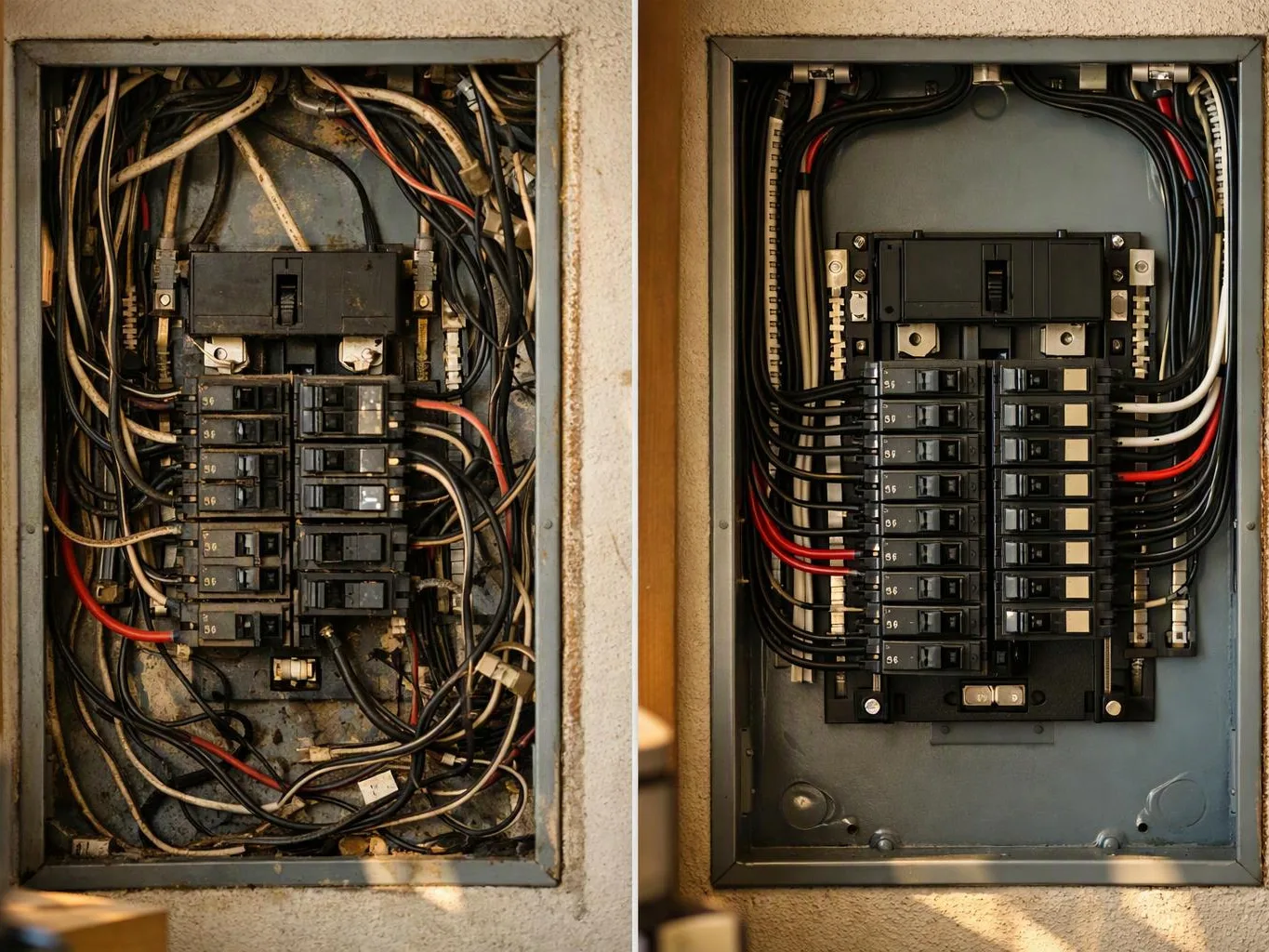 A split image shows a messy old electrical panel beside a neat rewired panel with organized breakers and cables