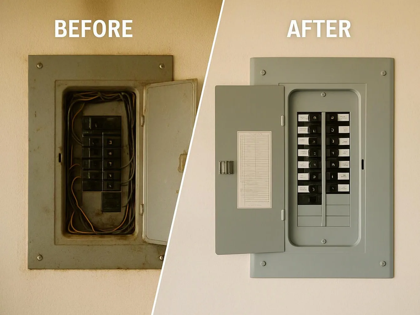 Split image shows an old open breaker panel before and a clean closed electrical panel after