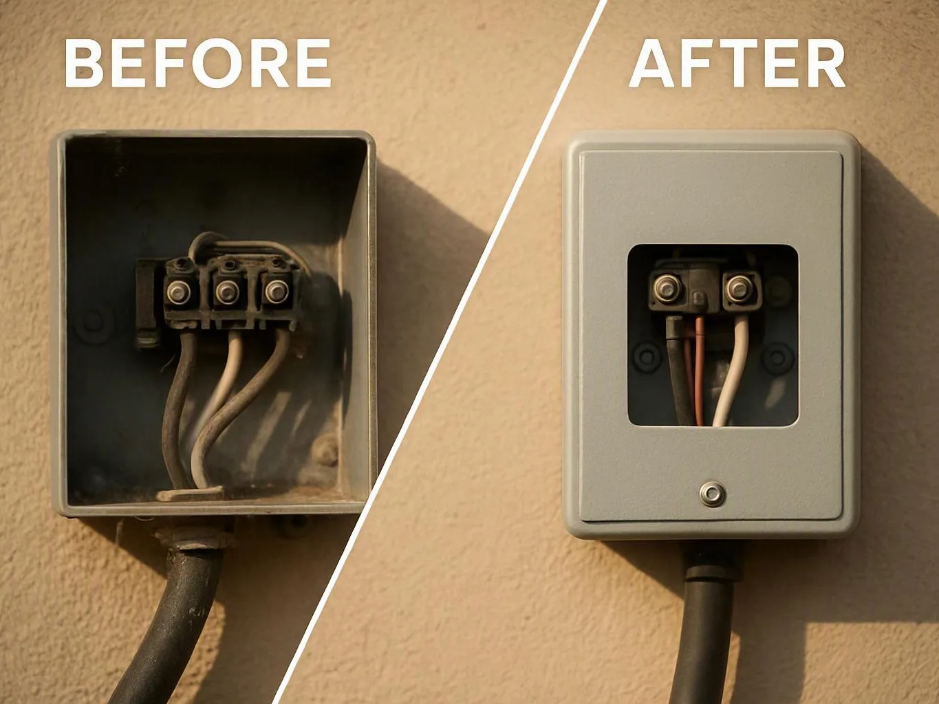 Split image shows an open electrical box on the left and a covered box on the right on a beige wall
