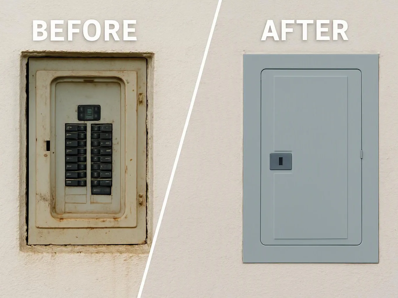 Split image shows a rusty electrical panel before and a clean gray panel after on a wall