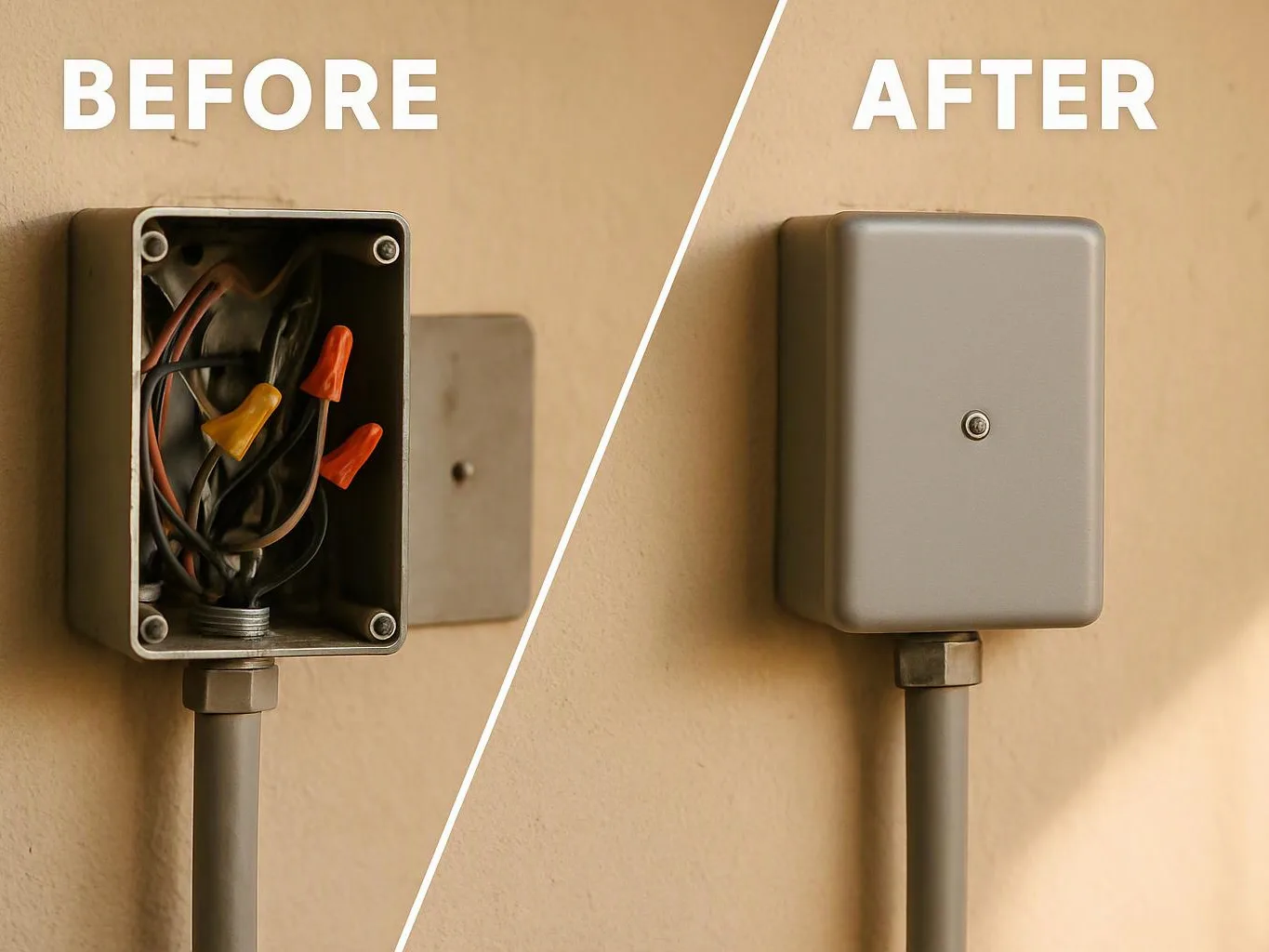Split view of an electrical box before and after, showing exposed wires on the left and a closed cover on the right