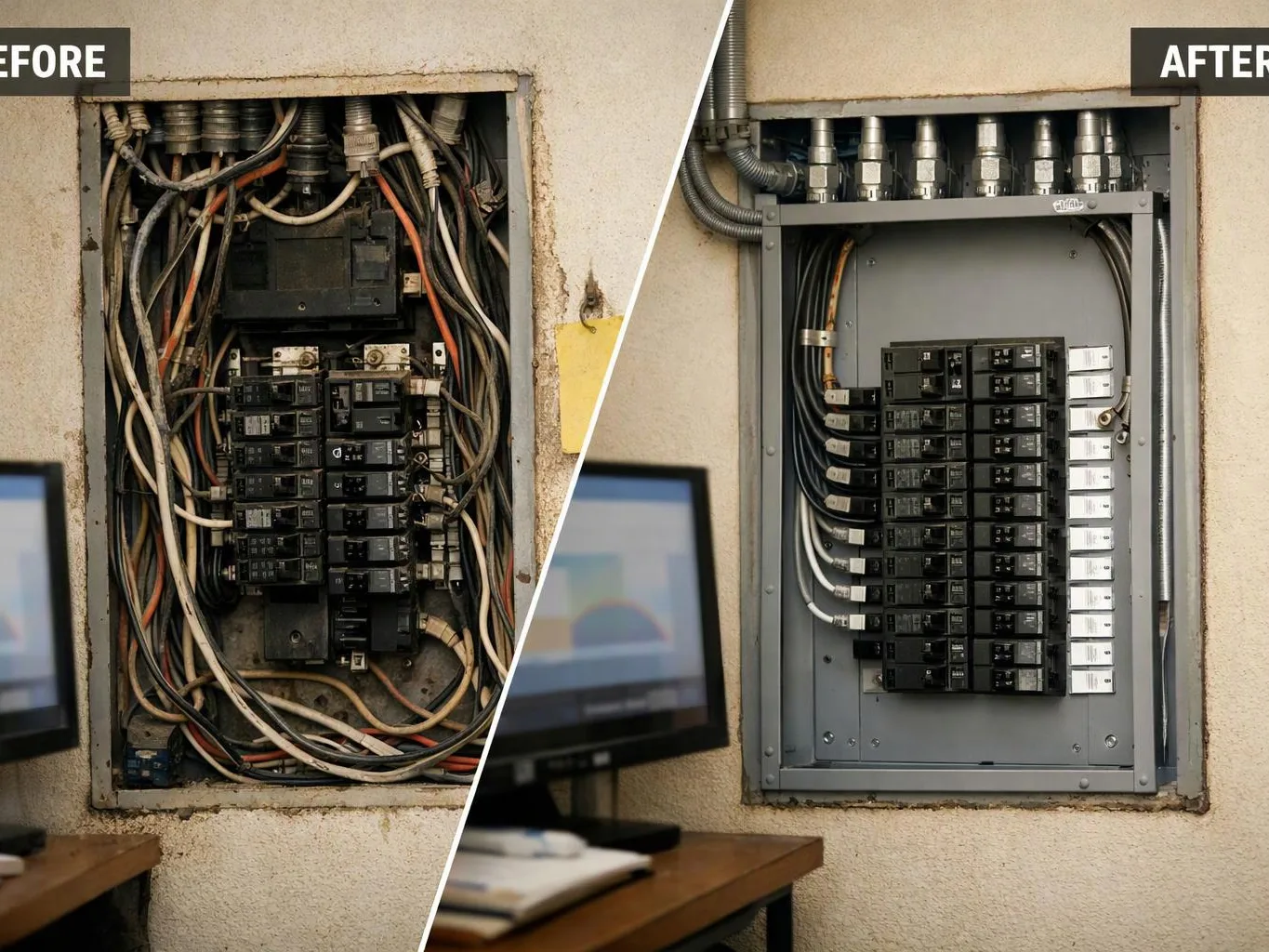 Split view of an electrical panel before and after replacement, with tangled wires on the left and neat breakers on the right