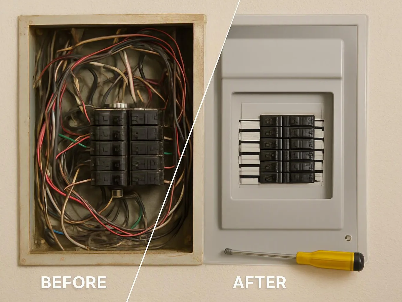 A split view shows a messy electrical panel before and a clean covered panel after, with a screwdriver below