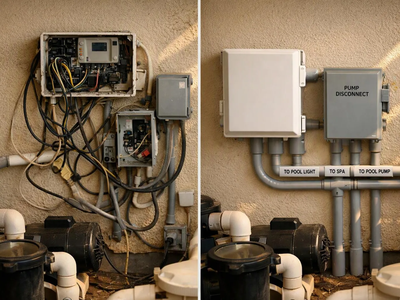 A split view shows tangled pool equipment wiring on the left and neat labeled control boxes on the right