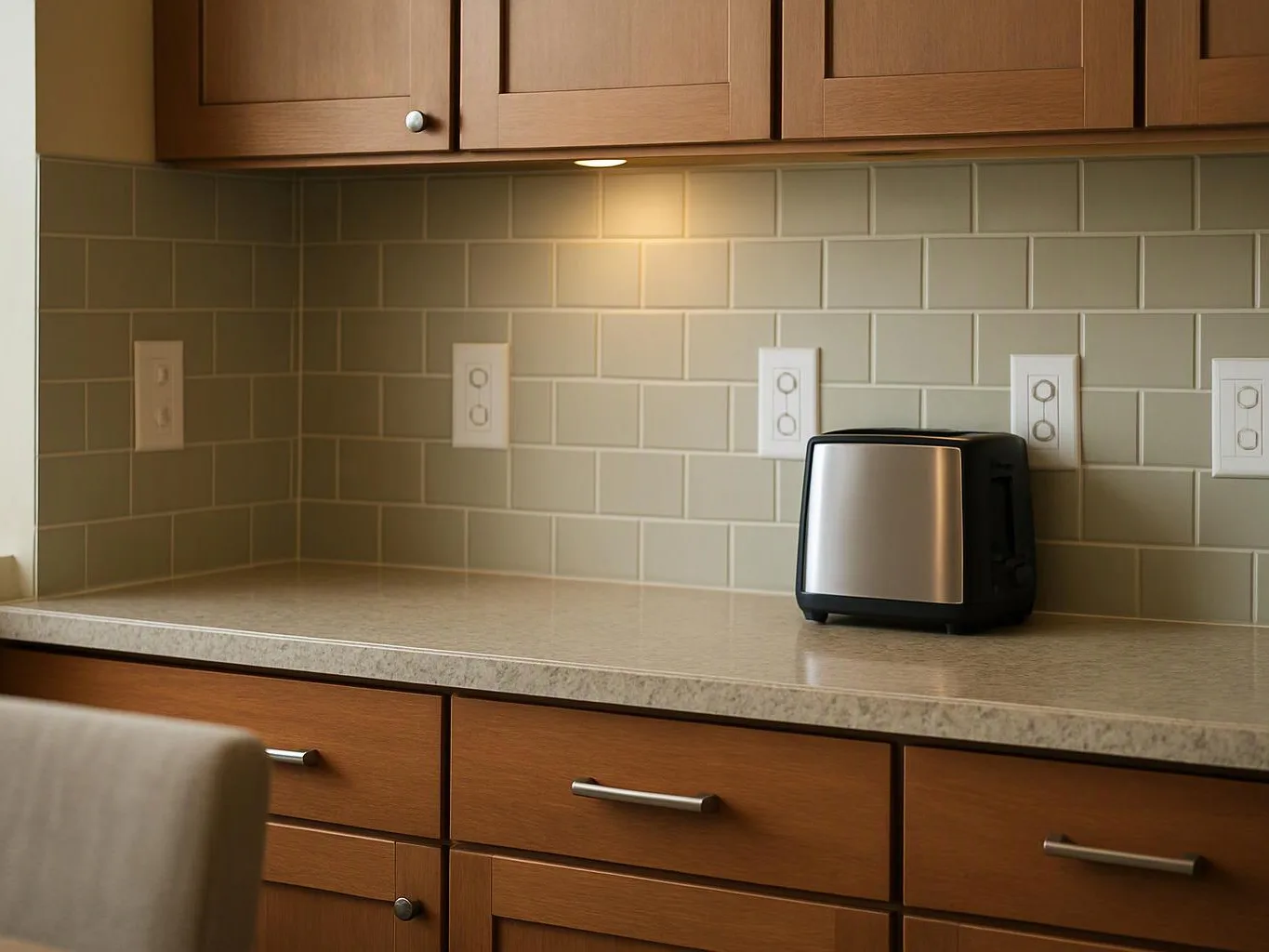 A stainless steel toaster sits on a kitchen counter below wooden cabinets and tiled backsplash