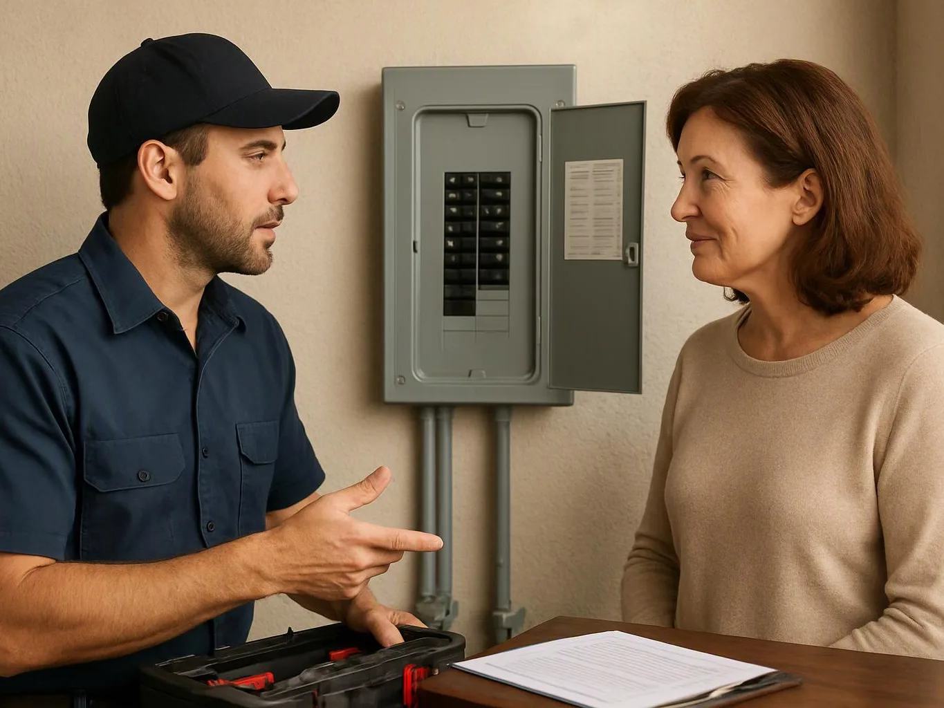 A technician in a cap talks to a woman beside an open electrical panel indoors