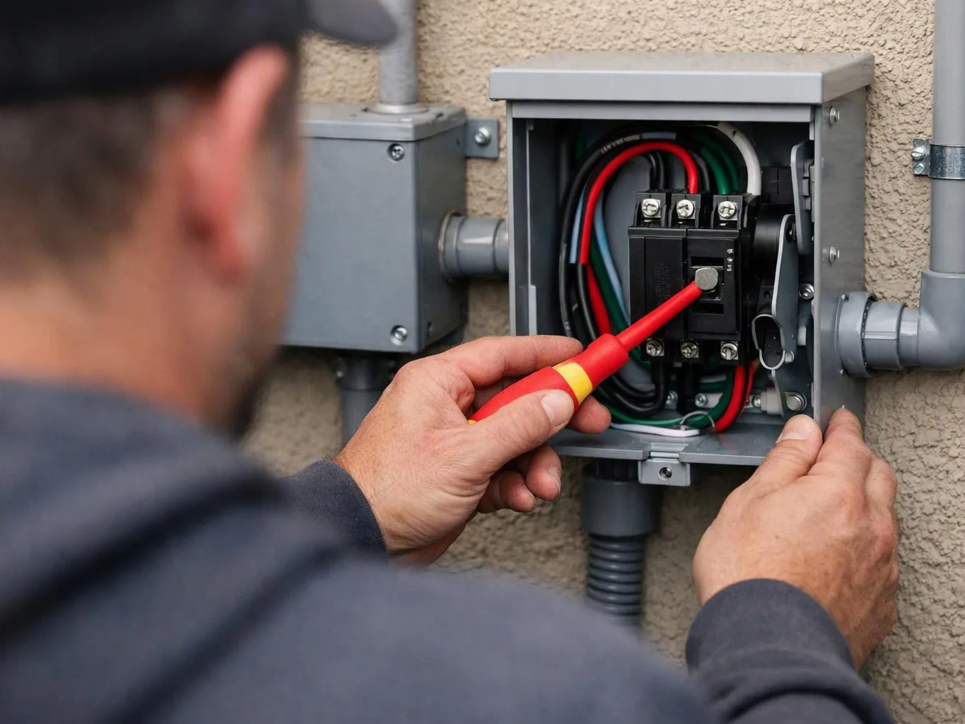 A technician checks wiring inside an open outdoor electrical box with a red screwdriver