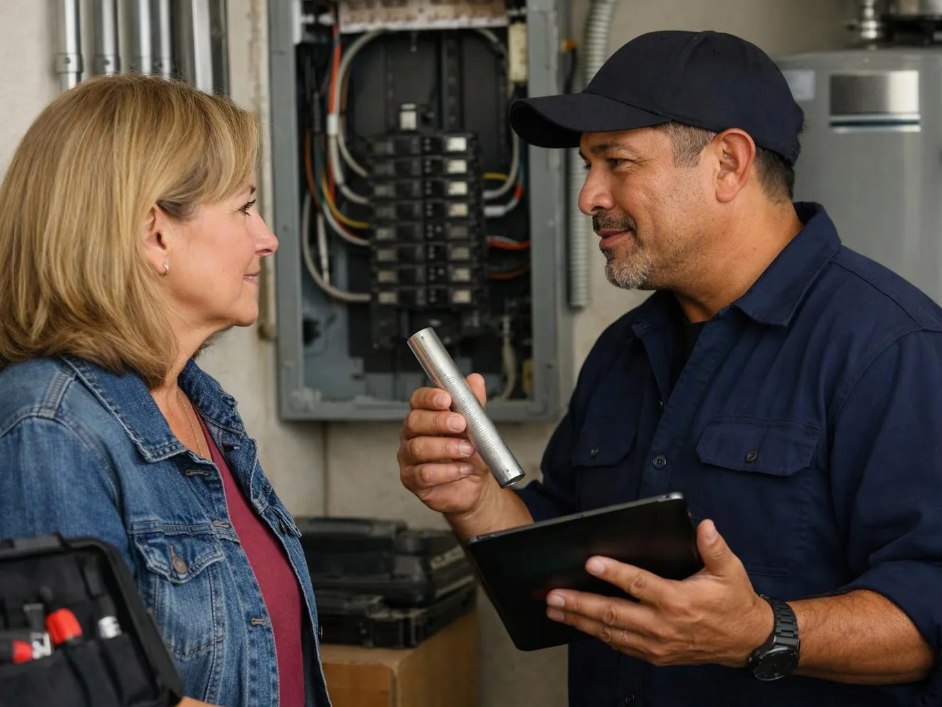 A technician holding a tool and tablet talks with a woman beside an open electrical panel
