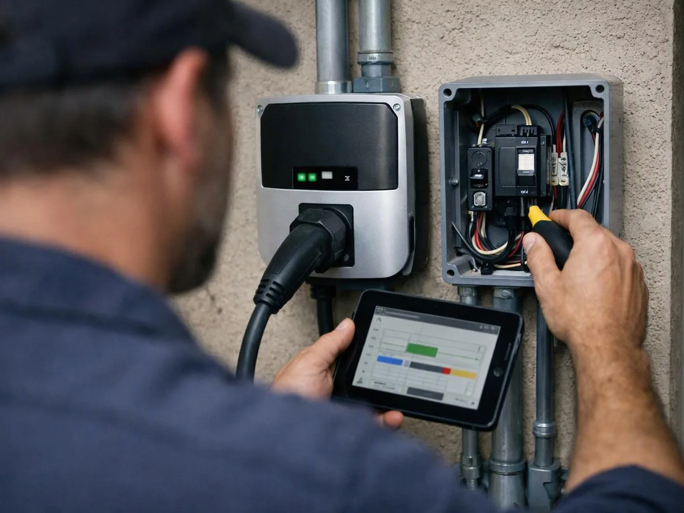 A technician inspects an open electrical box beside a wall-mounted charging unit while holding a tablet