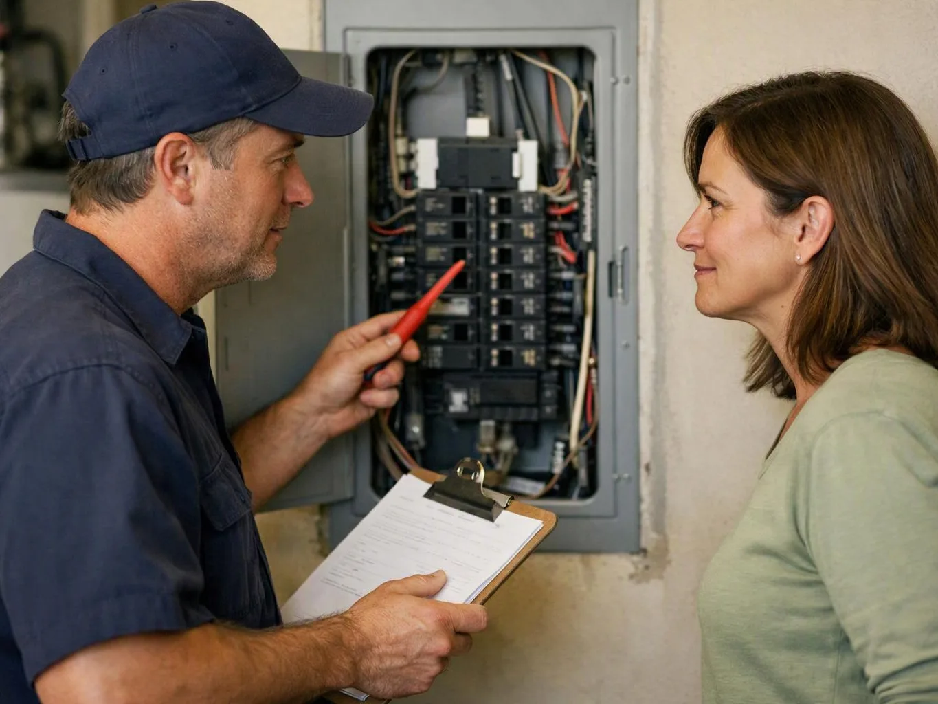 A technician points at an open electrical panel while speaking with a woman indoors