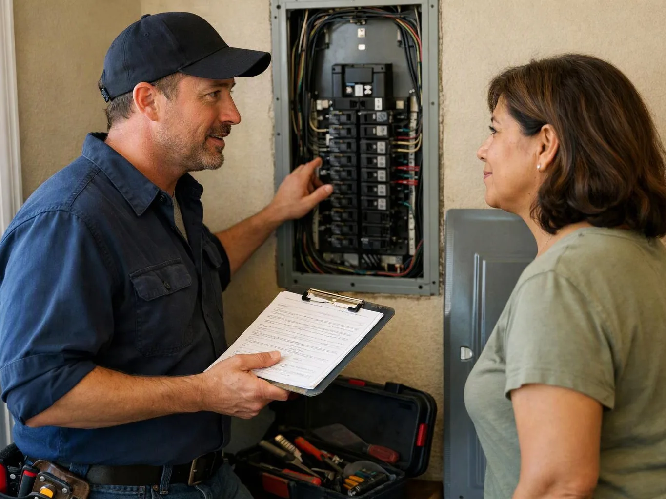 A technician points at an open electrical panel while holding a clipboard and speaking with a woman indoors