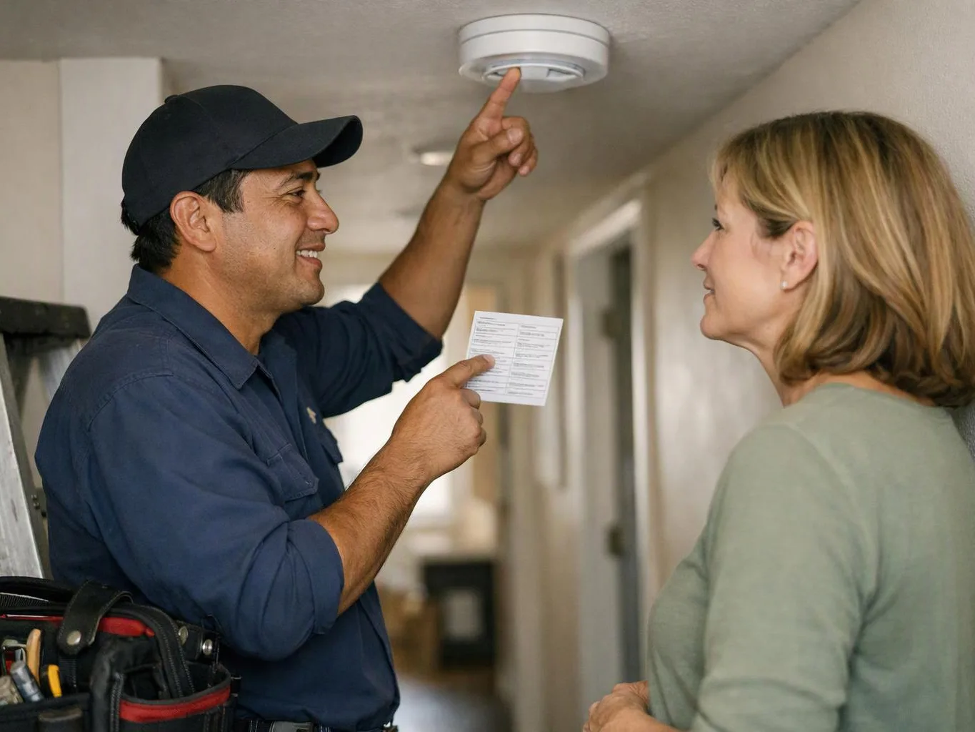 A technician points to a smoke detector while showing a card to a woman in a hallway