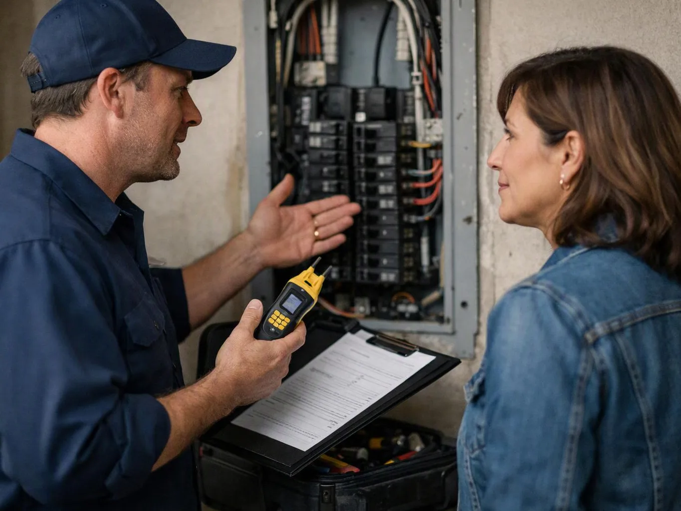 A technician shows an electrical panel to a woman while holding a tester and clipboard in a utility room