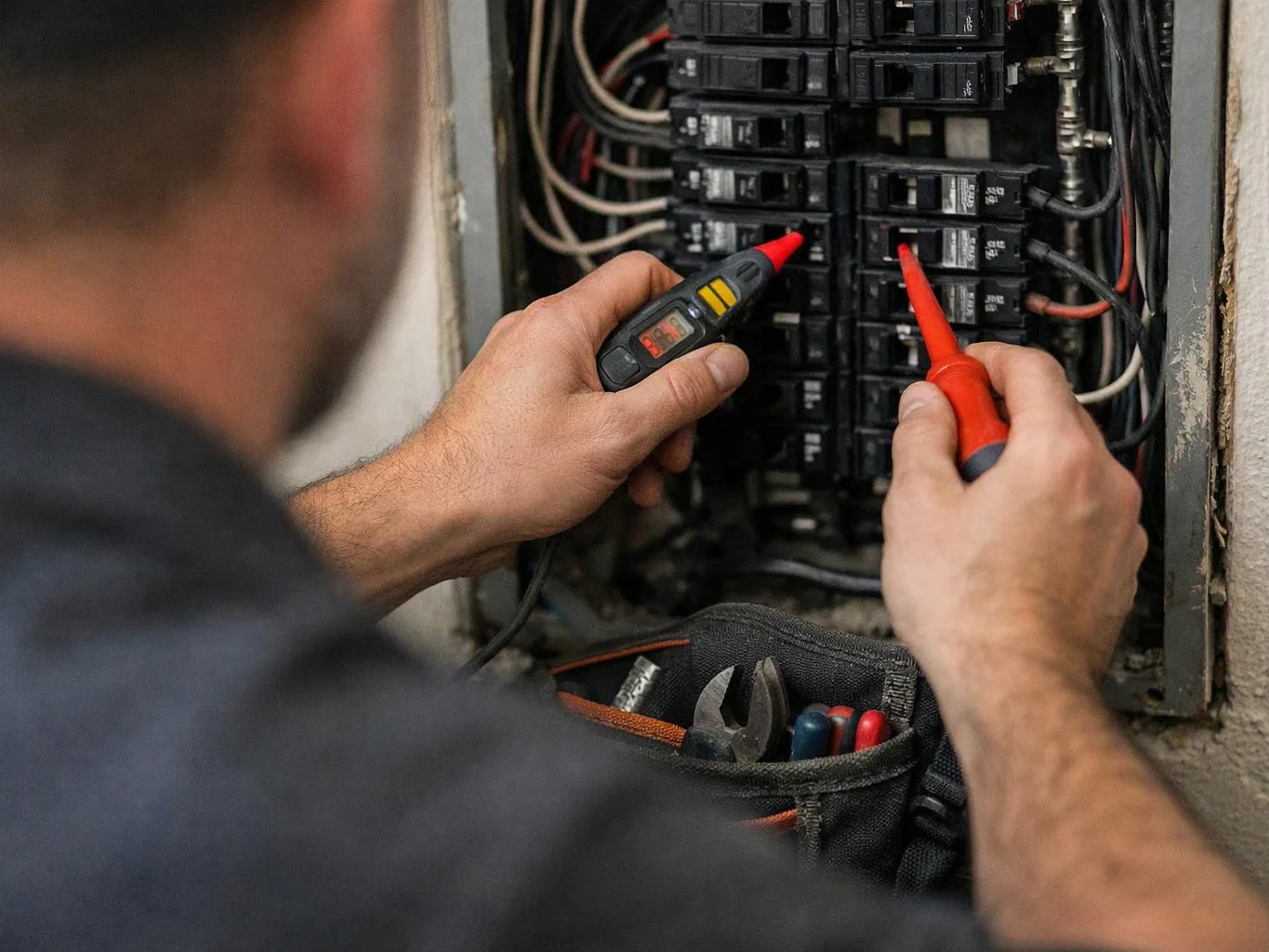 A technician tests a circuit breaker panel with probes while holding tools in a pouch