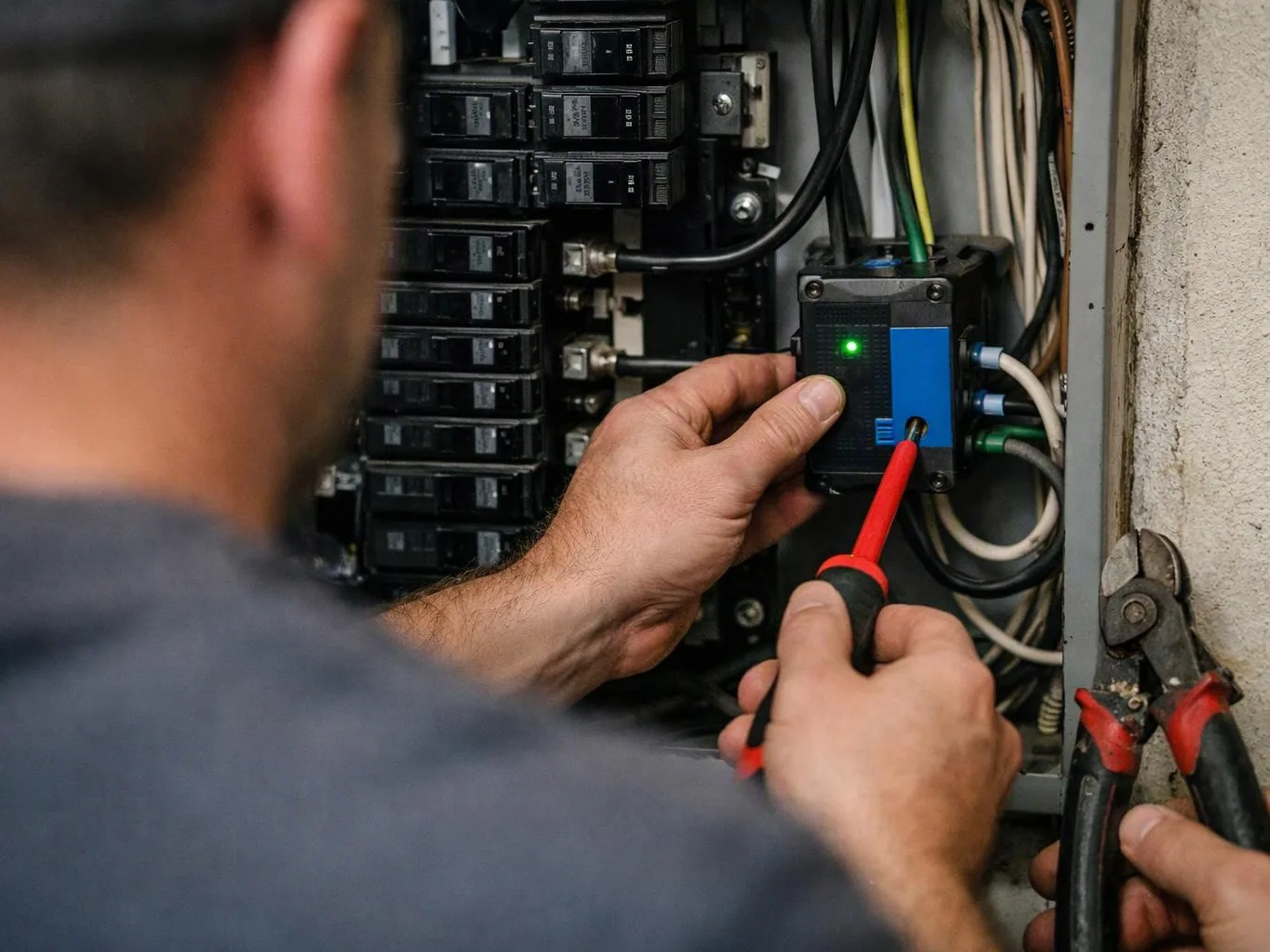 A technician tests an electrical panel with a screwdriver while breaker switches and wires fill the cabinet