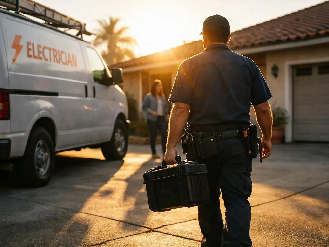 A technician walks toward a house carrying a toolbox beside a parked electrician van at sunset