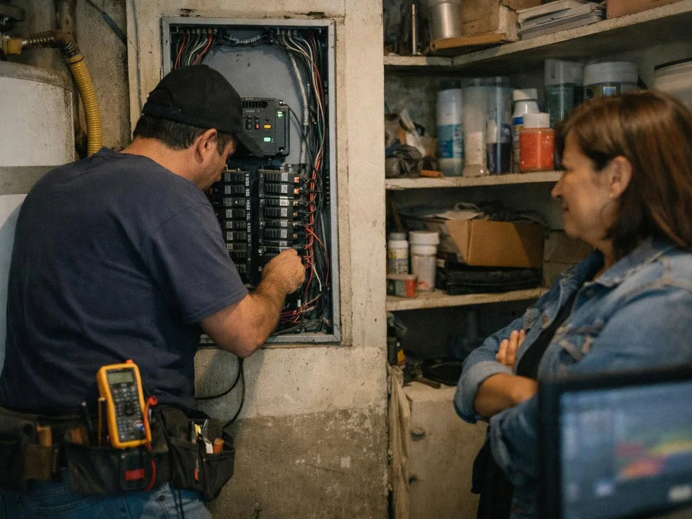 A technician works on an open electrical panel while a woman watches beside shelves of supplies