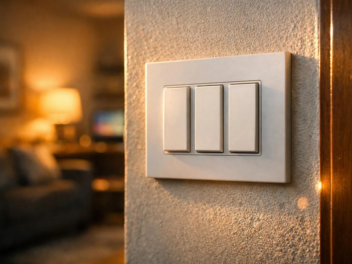 A three-switch wall plate sits on a textured wall, with a warm blurred room in the background