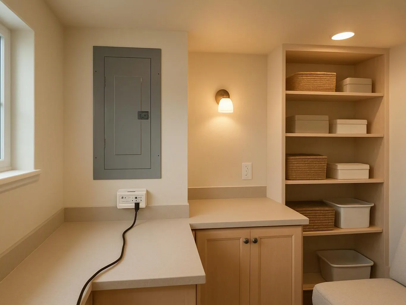 A tidy laundry room shows a counter, cabinet, shelves with baskets, and a wall outlet with a plugged-in cord