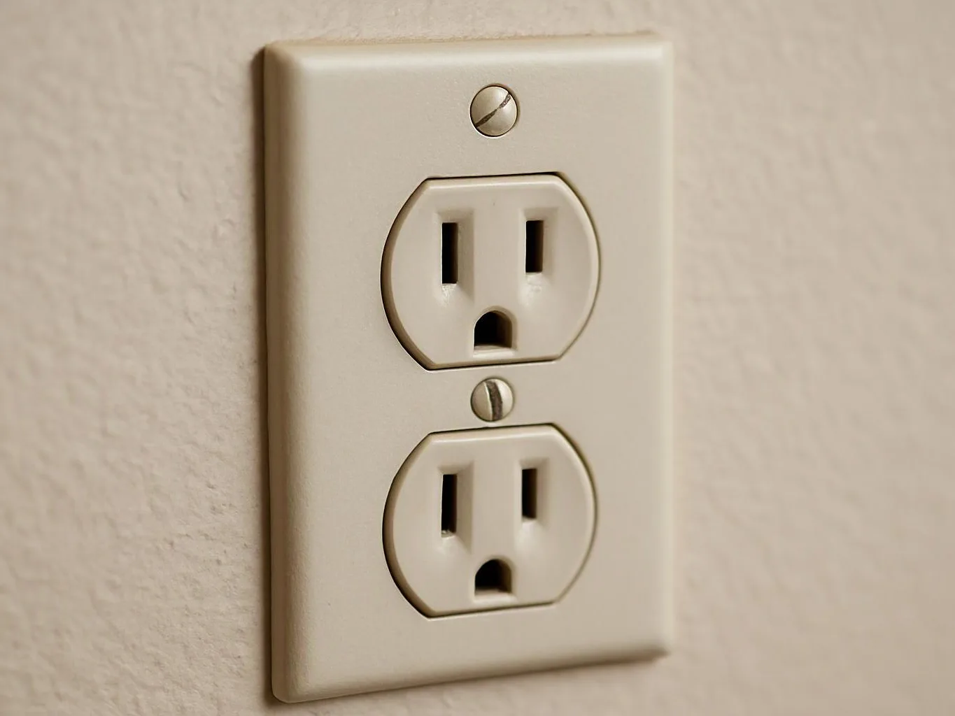 Two beige wall electrical outlets sit on a cream wall, each with screw heads visible