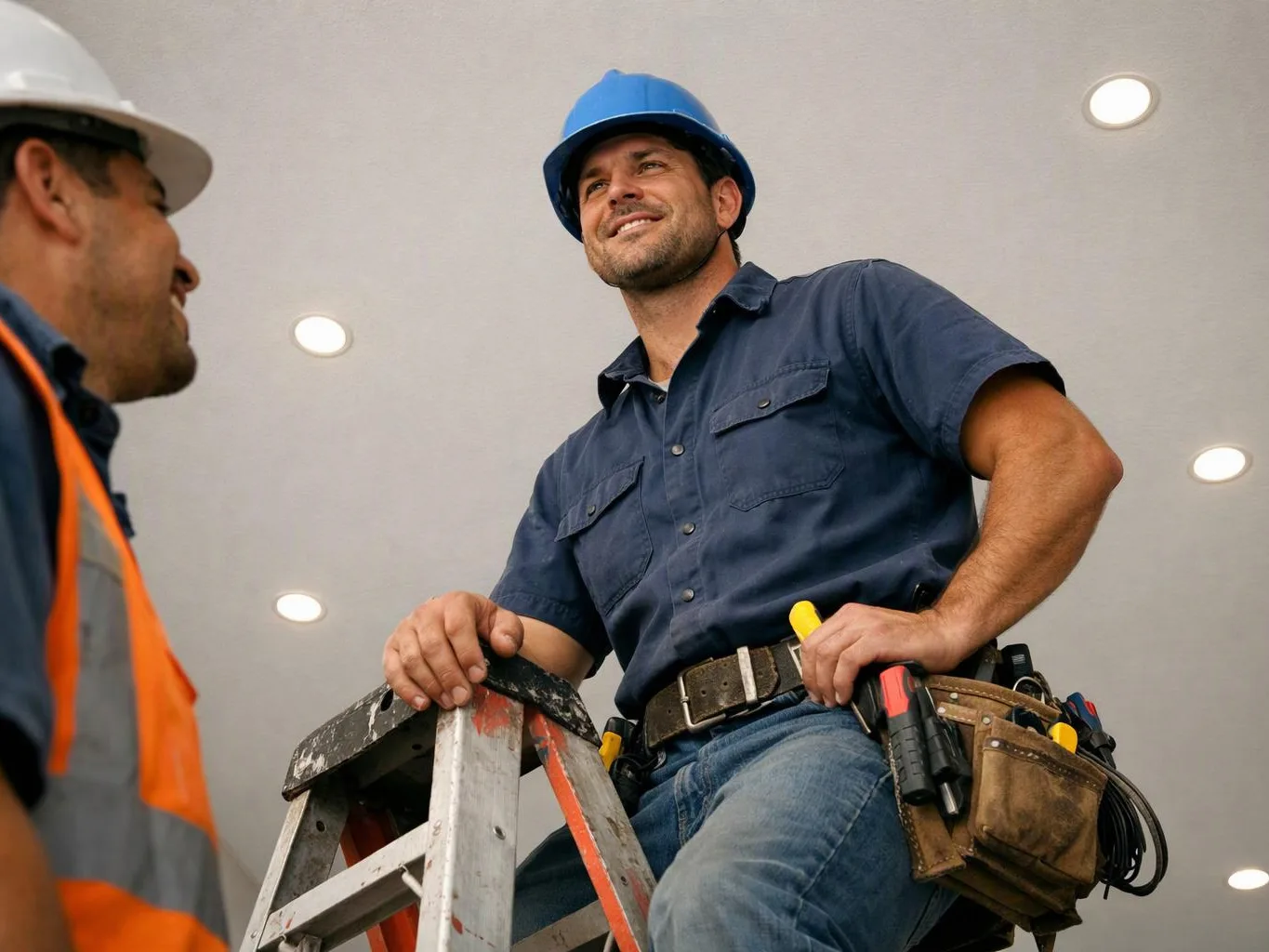 Two construction workers in hard hats talk indoors beside a ladder under recessed ceiling lights
