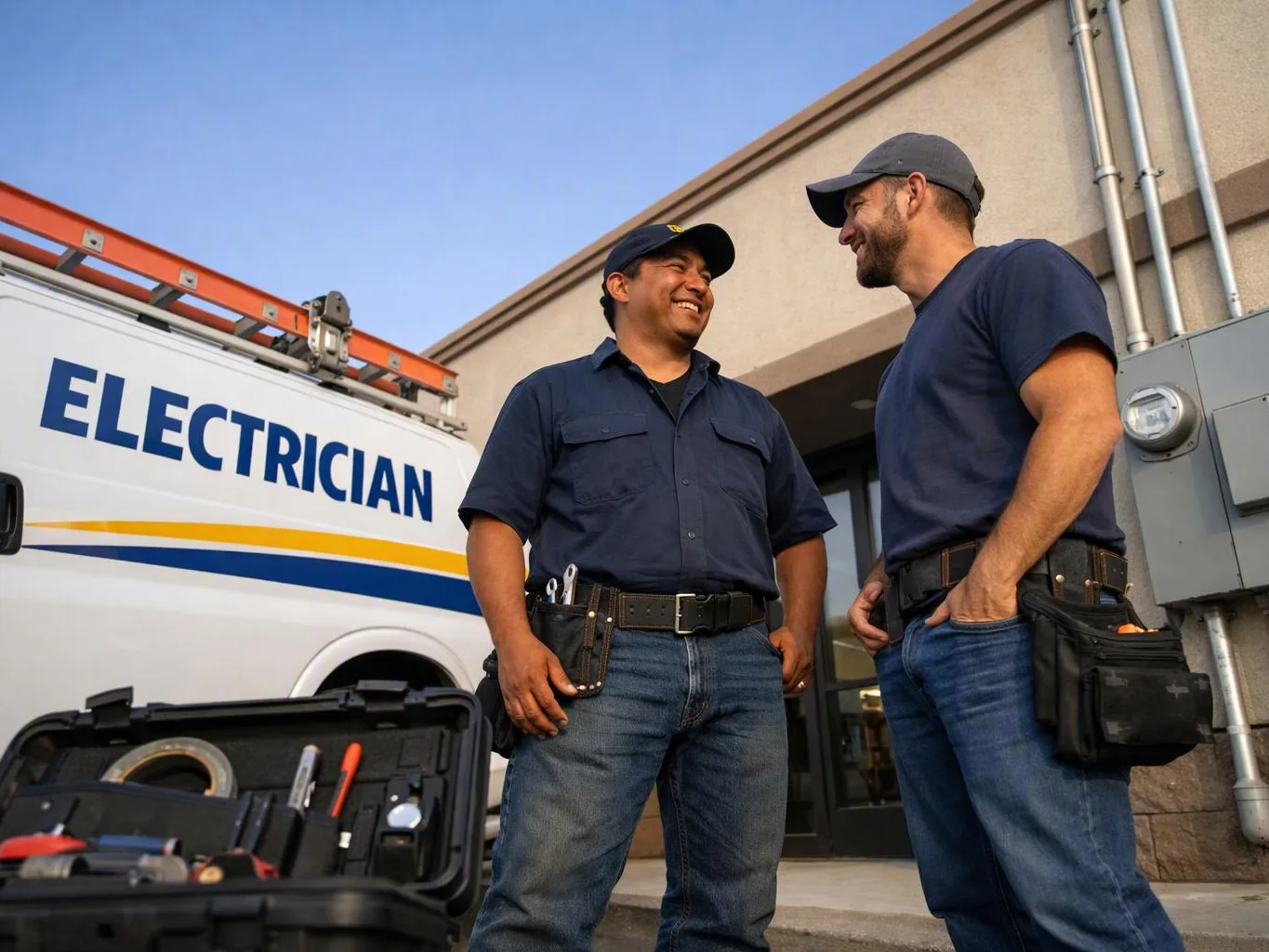 Two electricians in work clothes smile beside a service van and open tool case outside a building