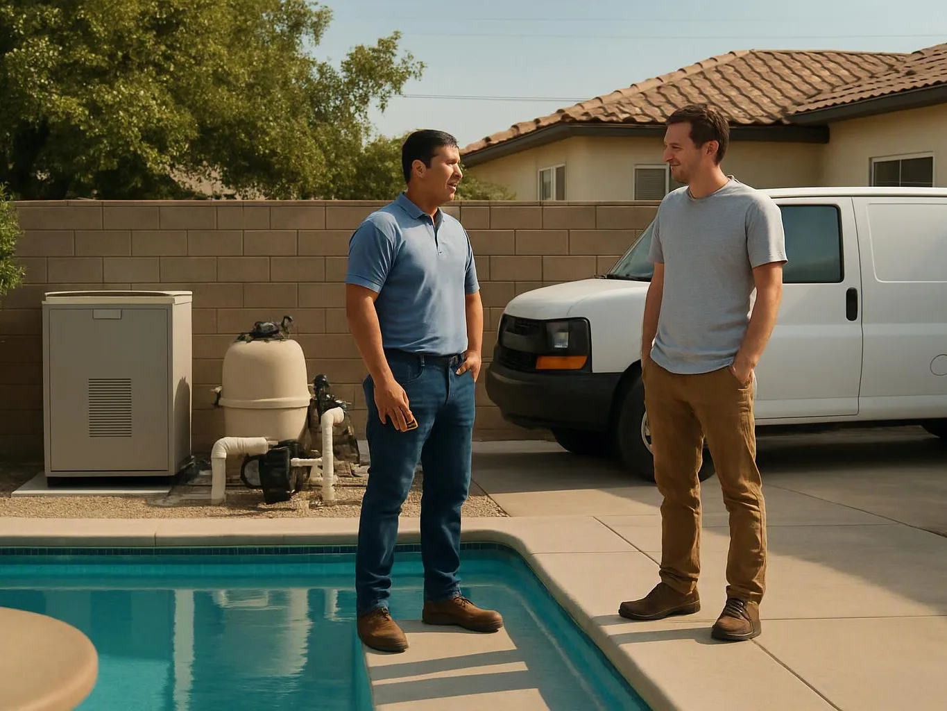 Two men stand talking beside a backyard pool, with a van and utility equipment by the wall