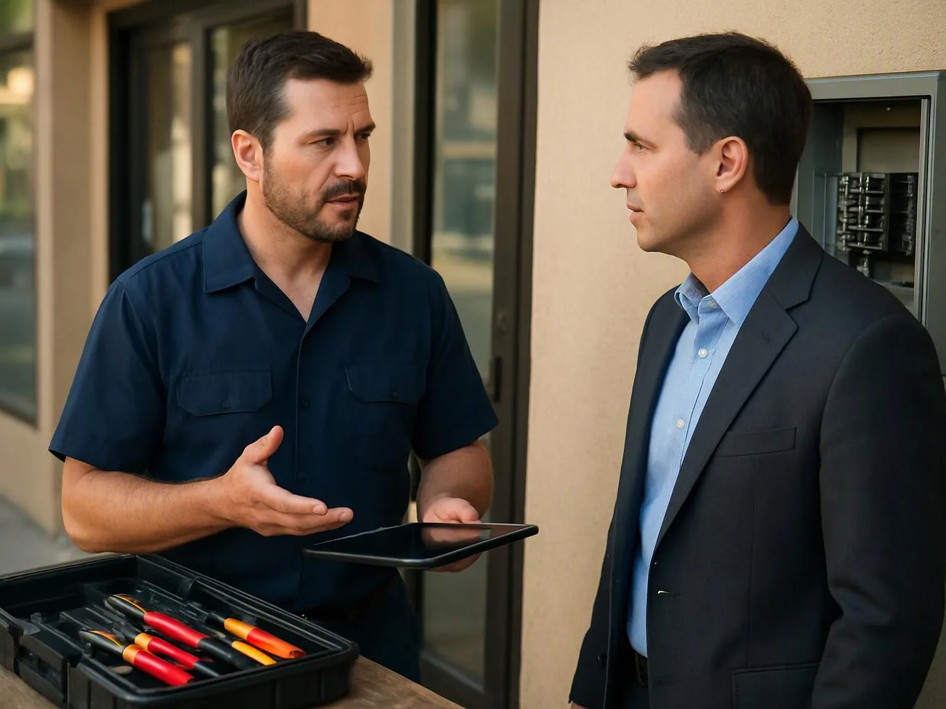 Two men talk beside a wall, one holding a tablet near a tray of screwdrivers