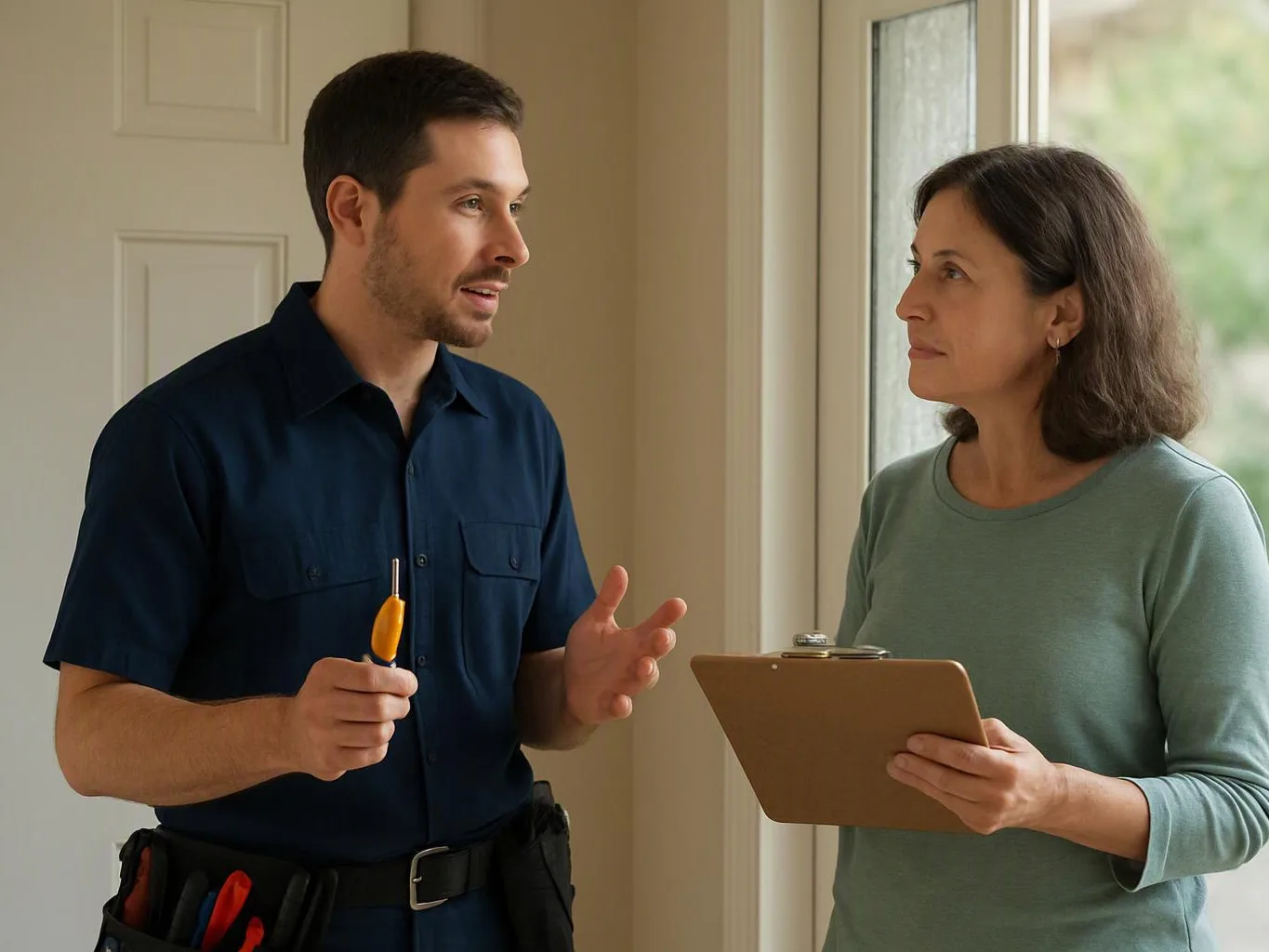 Two people stand by a bright doorway, one holding a screwdriver and the other a clipboard while they talk