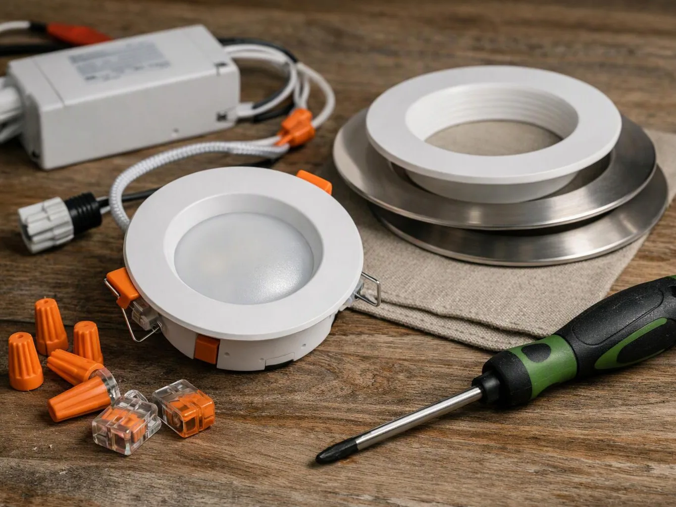 Two round recessed light fixtures, a screwdriver, wire connectors, and a power supply sit on a wooden table