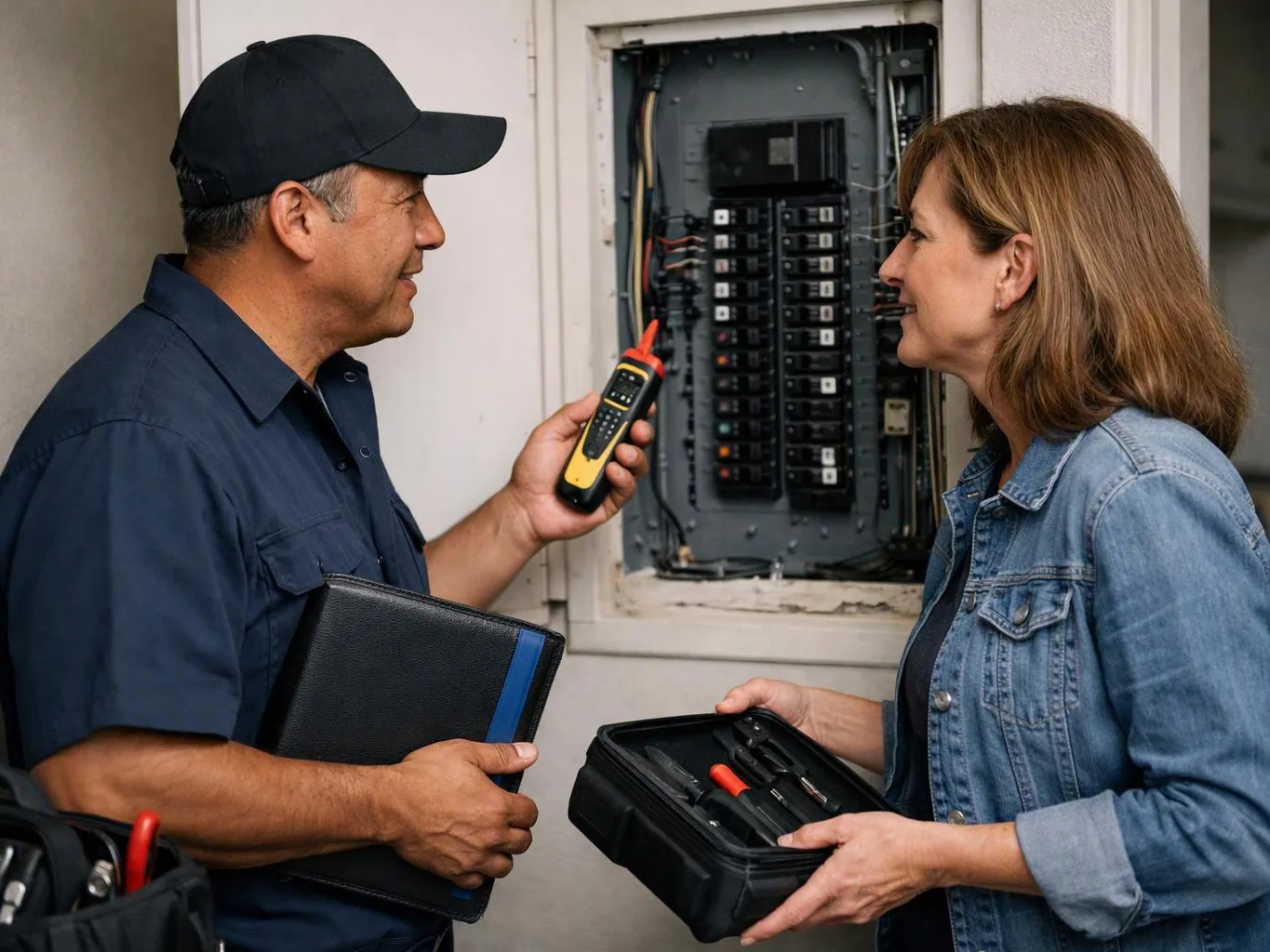 Two workers face an open electrical panel, one holding a tester and the other a tool case indoors