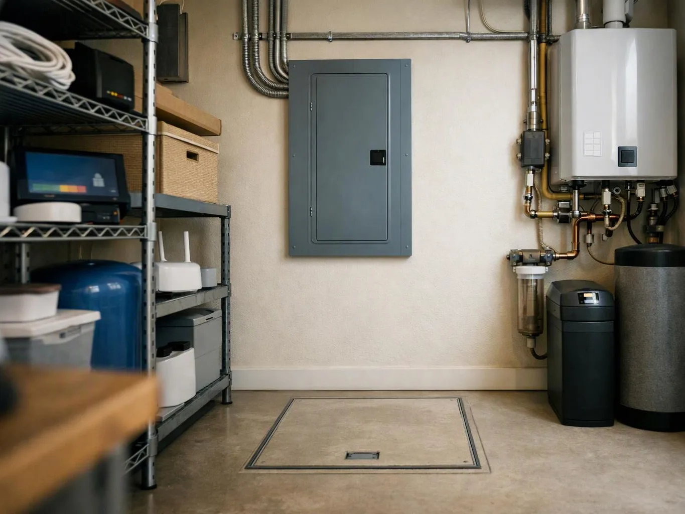 A utility room shows a gray electrical panel, shelves of equipment, and water treatment tanks with pipes along the wall