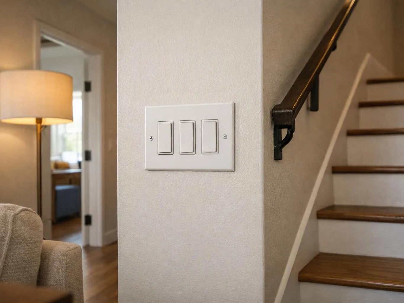 A wall light switch sits beside a staircase in a softly lit home interior