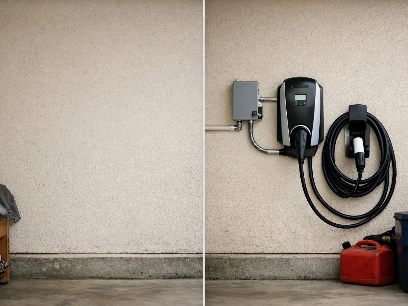 A wall-mounted electric car charger with coiled cables hangs on a beige exterior wall beside a red fuel canister