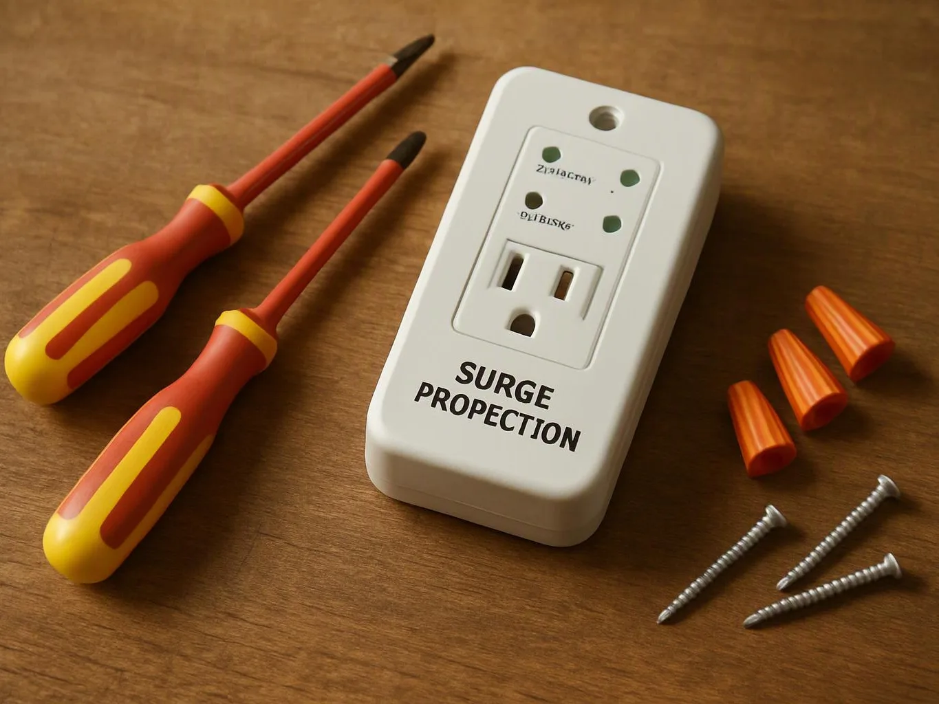 A wall outlet surge protector lies on wood beside two screwdrivers, wire caps, and screws