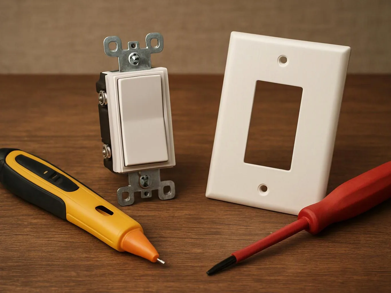 A wall switch, plate, and two screwdrivers rest on a wooden tabletop