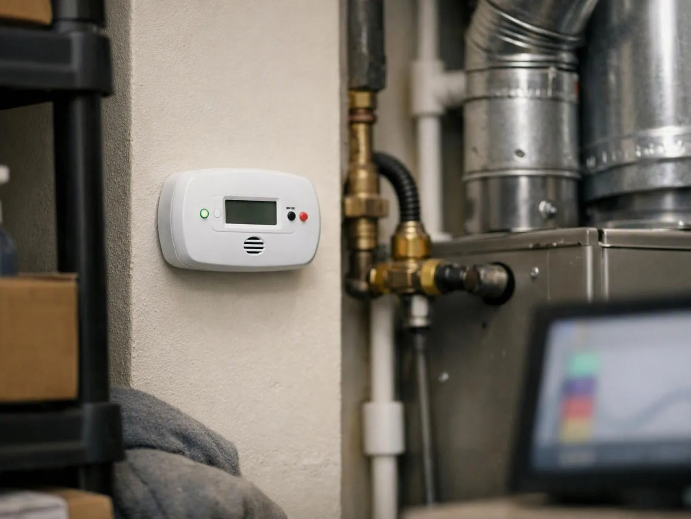 A wall thermostat hangs beside metal pipes and ductwork in a utility room