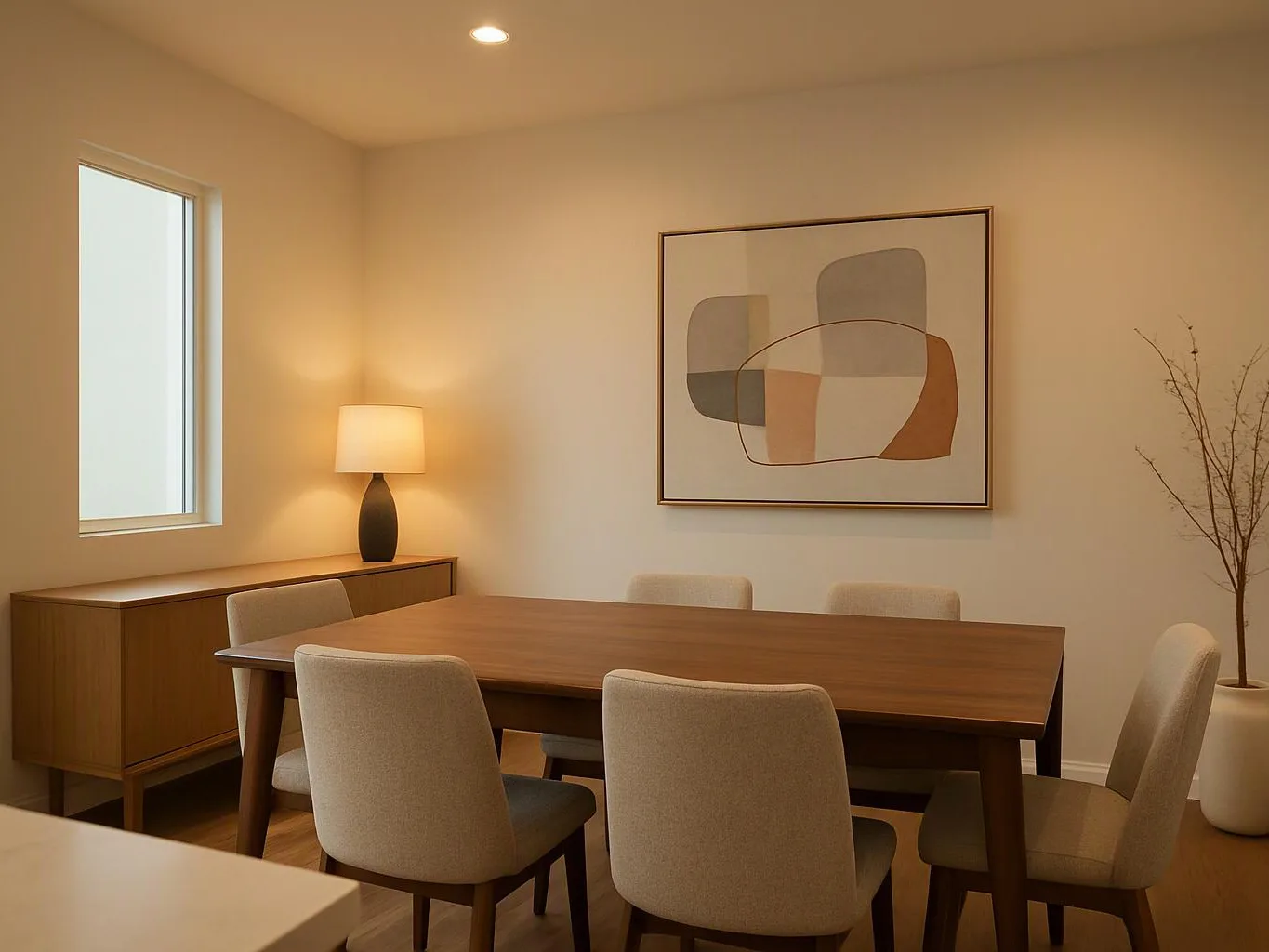 A warm dining room has a wooden table, six upholstered chairs, a lit lamp, and abstract wall art