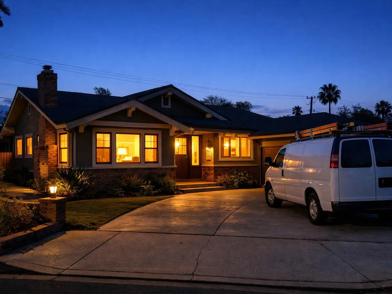 A warmly lit house at dusk sits beside a driveway with a white work van parked outside
