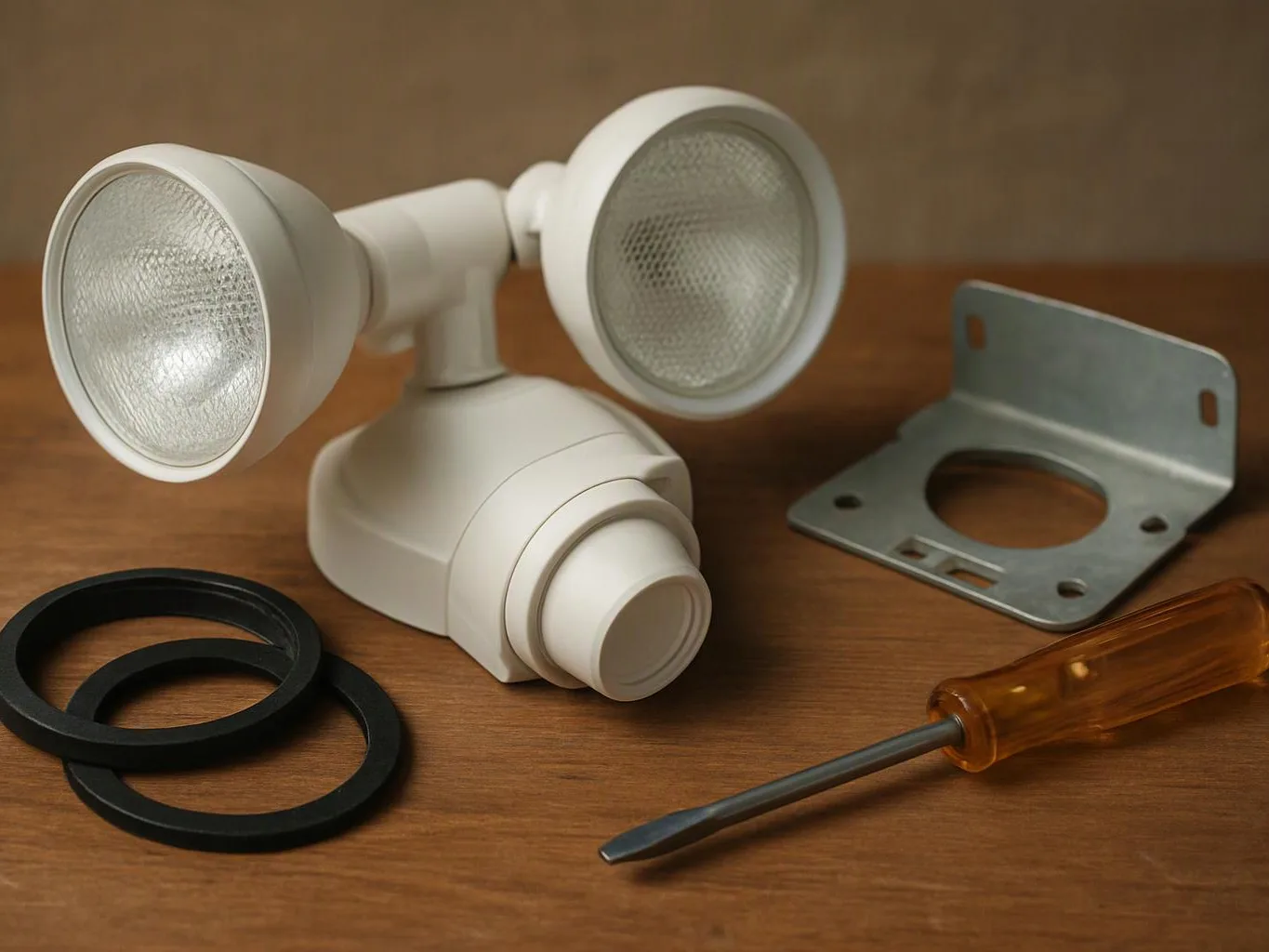 A white dual-head motion sensor sits beside a metal bracket, two black rings, and a screwdriver on a wooden table