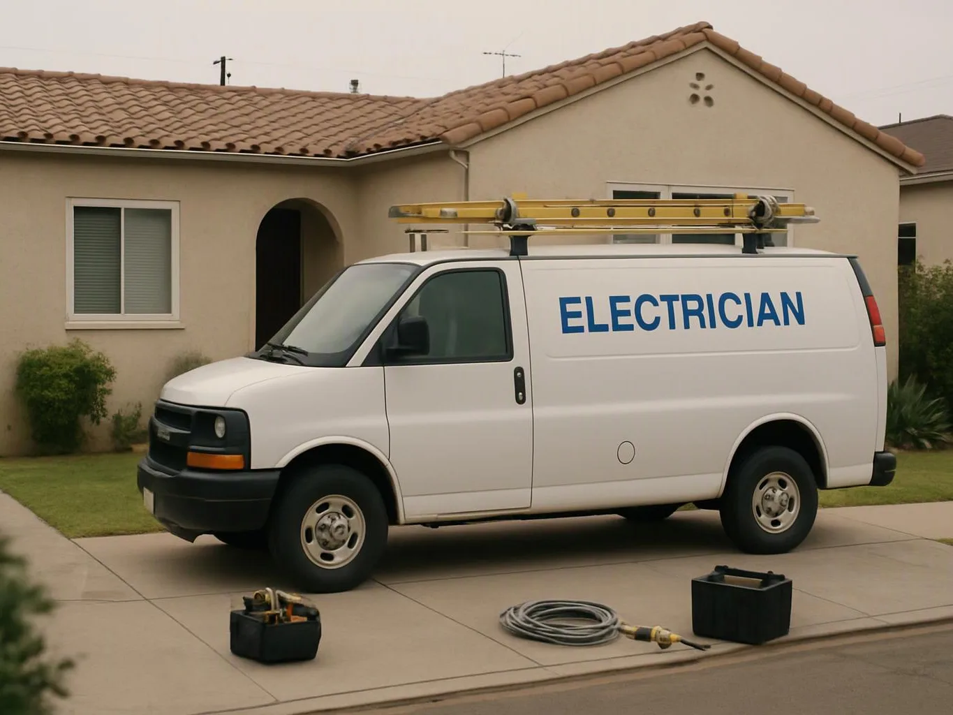A white electrician van with ladders is parked outside a house, with tools and coiled cable on the driveway